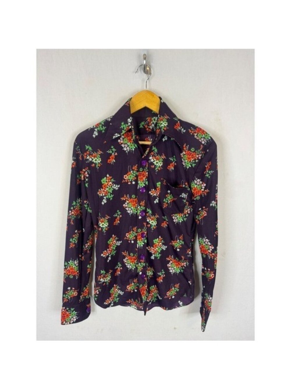 Vintage 70s Purple Floral Disco Shirt Dagger Collar Knit Long Sleeve Men S